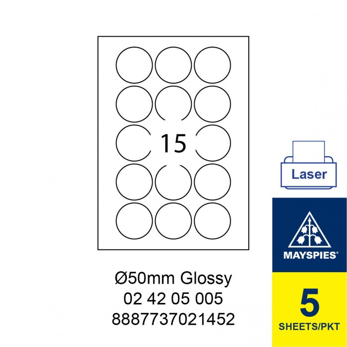 MAYSPIES 02 42 05 005 PREMIUM COLOR LASER LABEL / 5 SHEETS/PKT WHITE GLOSSY 50MM ROUND